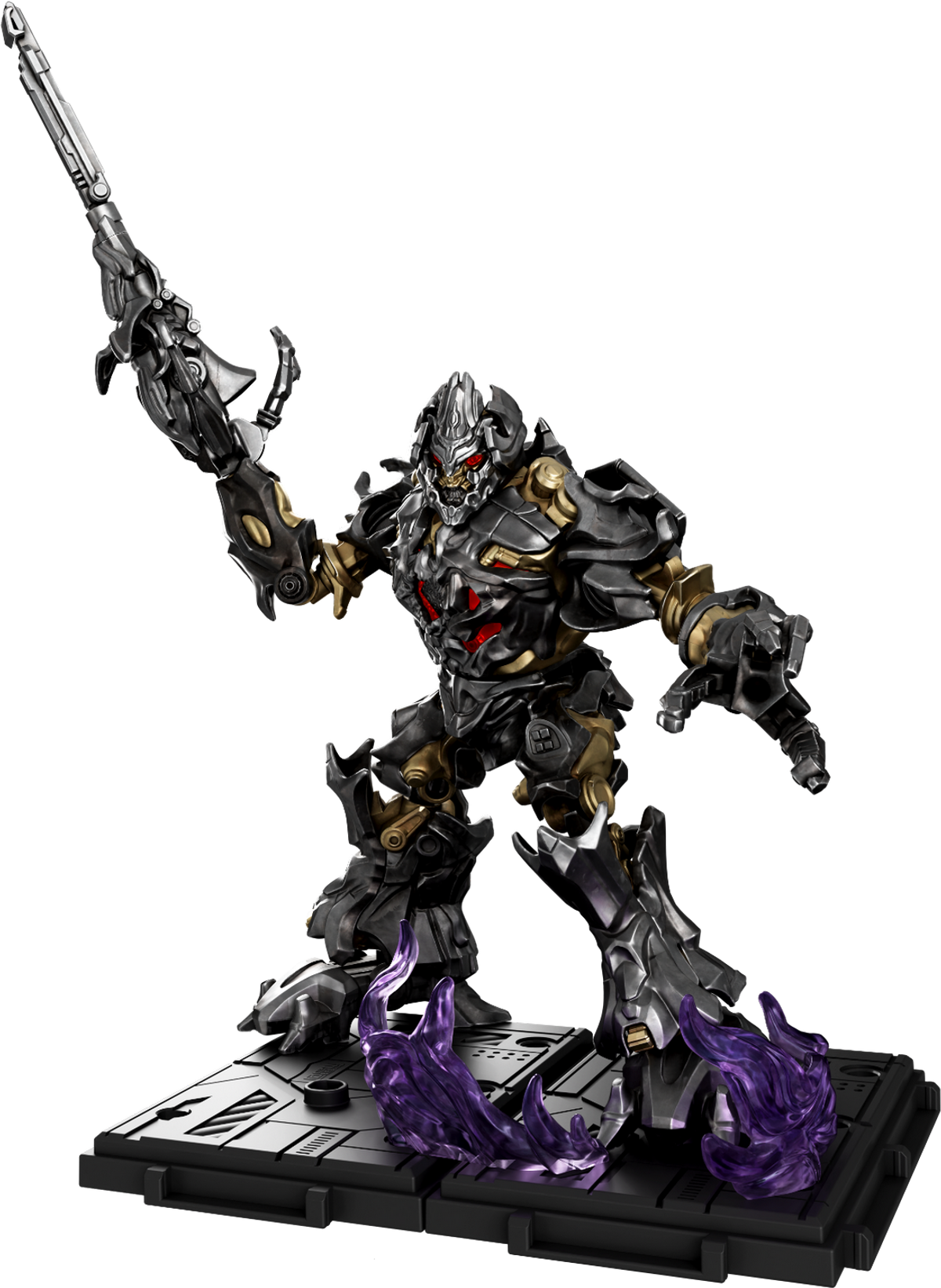 Metallisch graue und goldene Megatron-Figur mit roten Augen, die eine Waffe hält und auf einem Sockel mit lila Flammen steht.