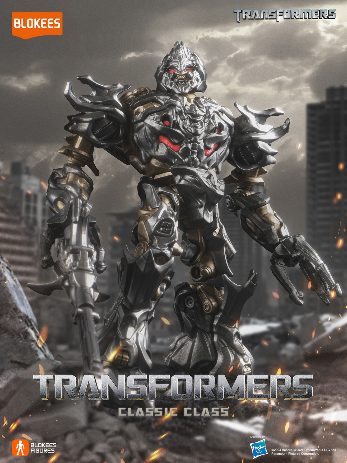 Megatron-Actionfigur steht vor einer zerstörten Stadtlandschaft mit leuchtend roten Augen und Waffen.