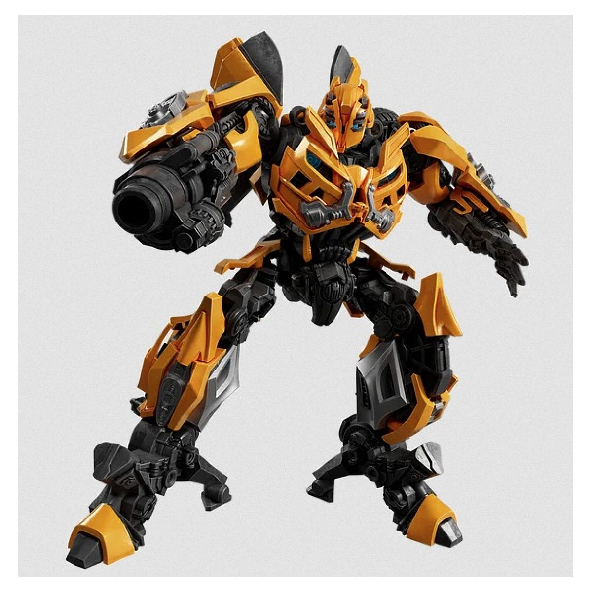 Gelber und schwarzer Roboter mit einer Waffe am rechten Arm.