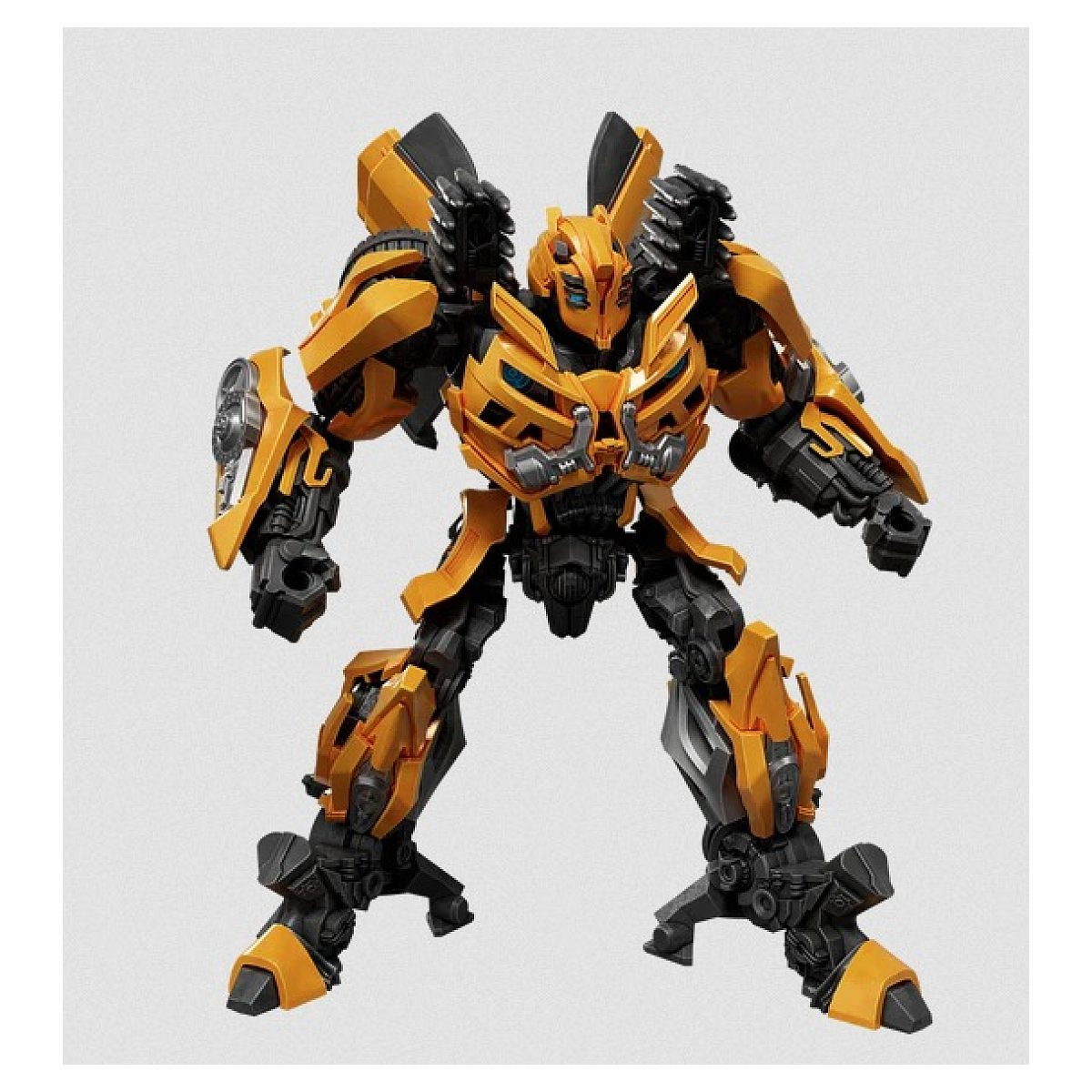 Gelb-schwarze Roboterfigur mit mechanischen Details vor hellem Hintergrund.