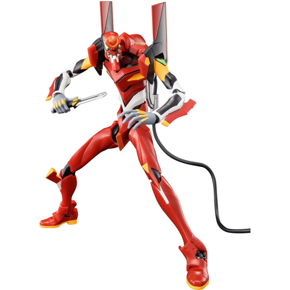 Czerwono-czarna figurka akcji Evangelion w dynamicznej pozie, trzymająca nóż na białym tle.