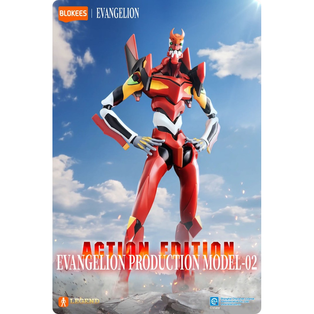 Czerwona figurka akcji Evangelion Production Model-02 na tle niebieskiego nieba.