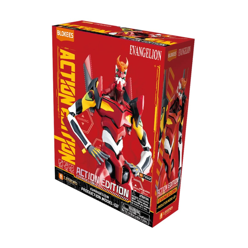Czerwono-żółte pudełko z zabawką Blokees Evangelion Action Edition przedstawiające figurkę robota.