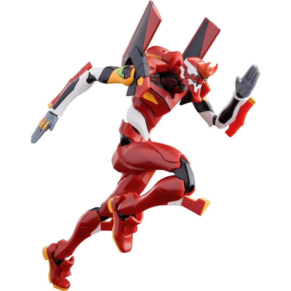 Czerwono-biała figurka akcji Evangelion w dynamicznym biegu na białym tle.