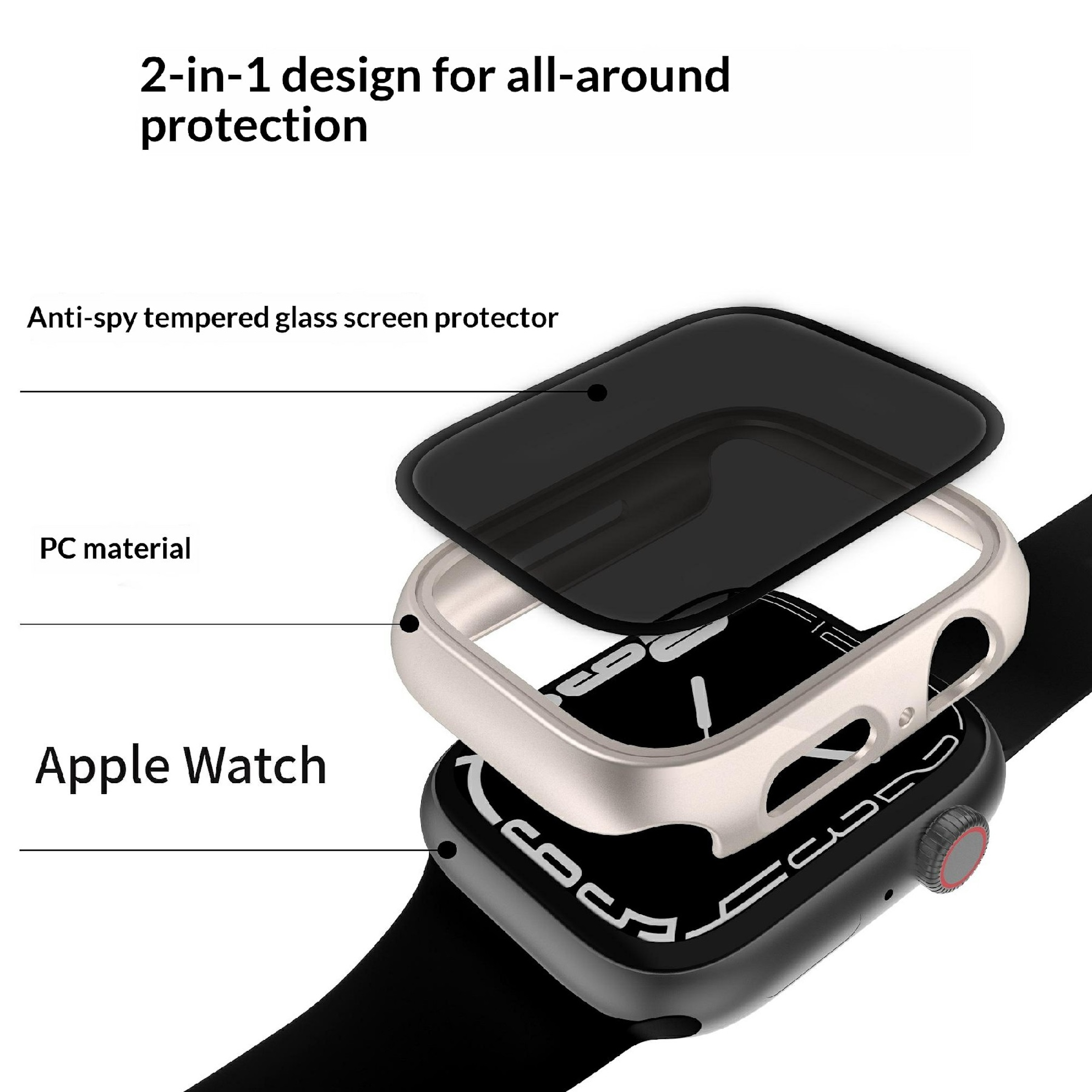 2-in-1-Schutzdesign für Apple Watch mit Panzerglas und PC-Hülle.