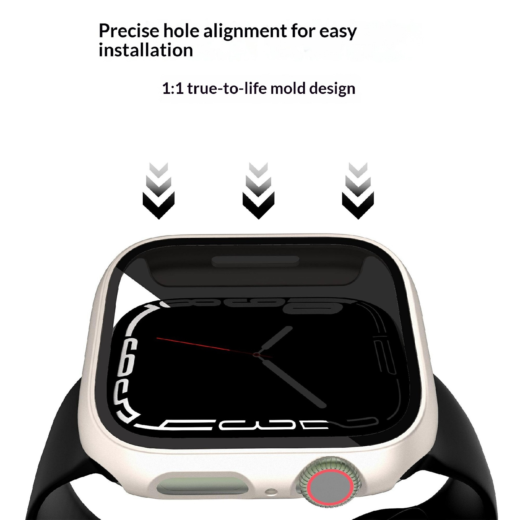 Smartwatch mit Schutzhülle, Pfeile zeigen präzise Lochausrichtung und ein 1:1-Formdesign.