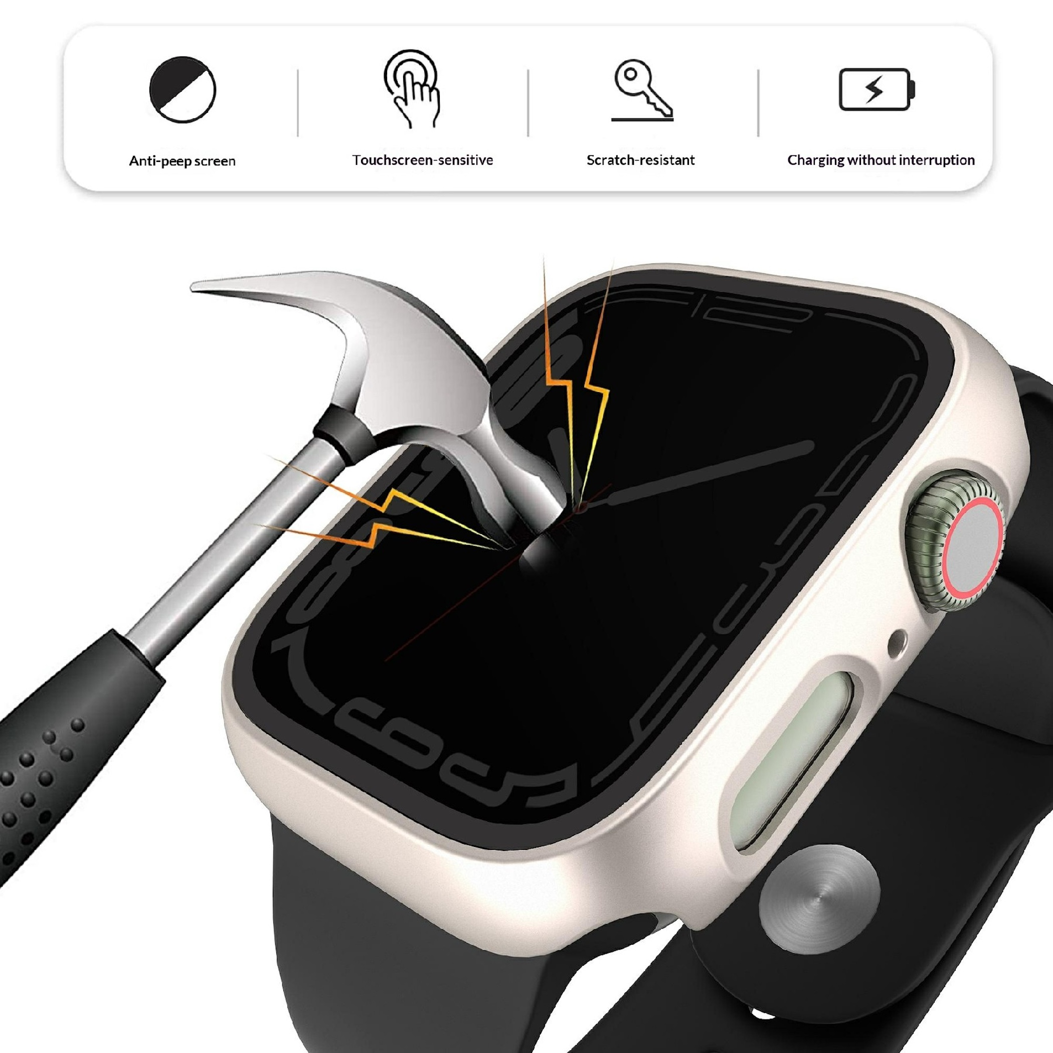 Ein Hammer schlägt auf die Schutzhülle einer Smartwatch, während Symbole die Produkteigenschaften oben zeigen.