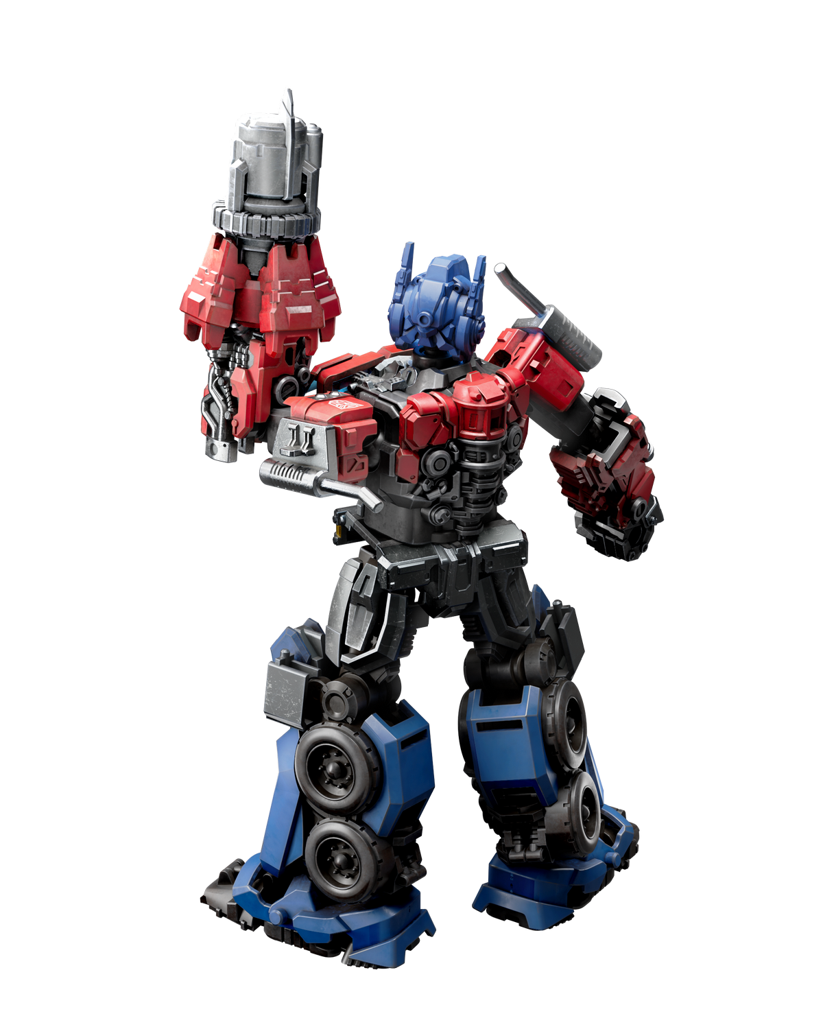 Siyah arkaplan önünde, blaster tutan kırmızı ve mavi robot giysisindeki Optimus Prime aksiyon figürünün arka görünümü.