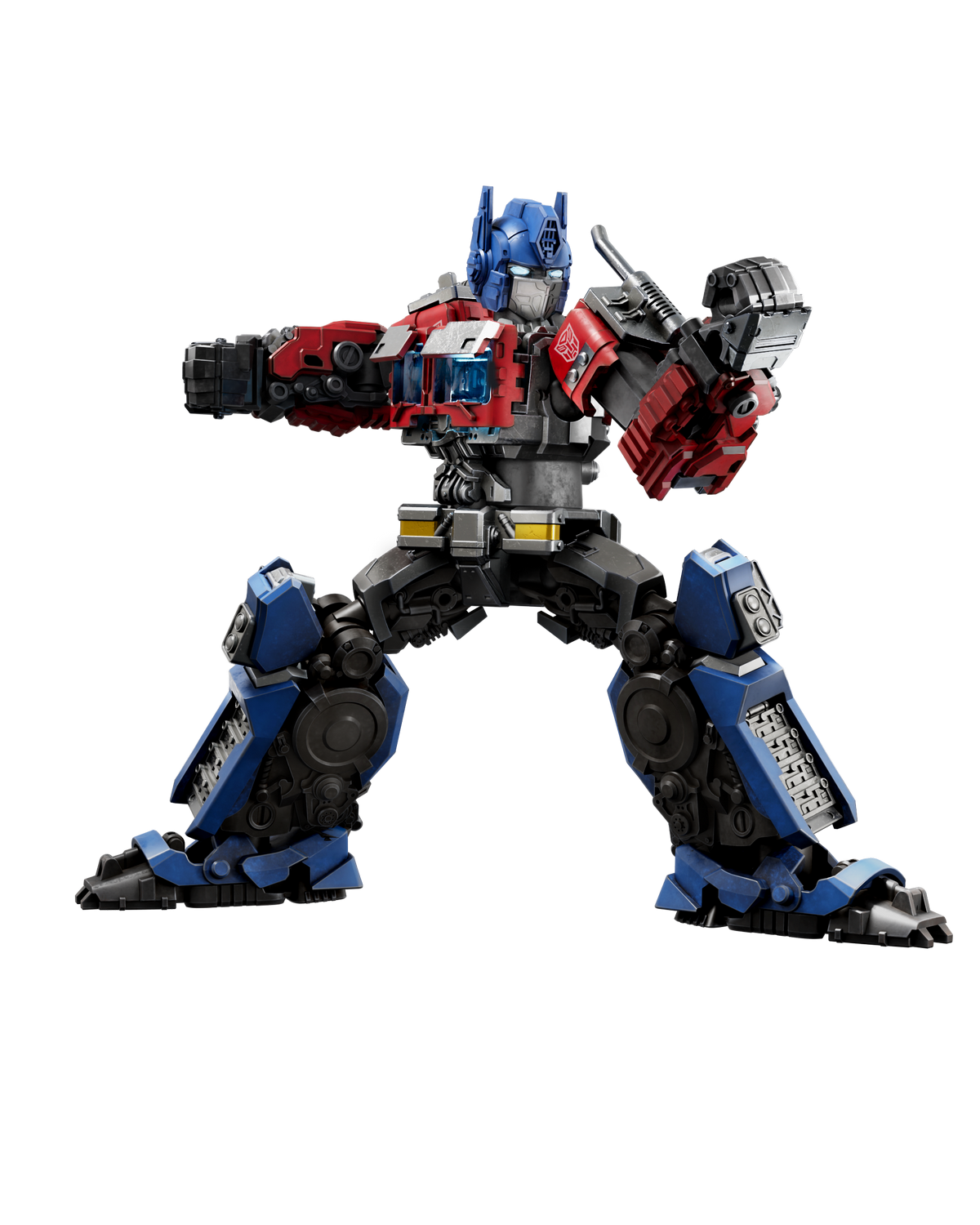 Kırmızı, mavi ve siyah renkli Optimus Prime aksiyon figürü, siyah arka planda dövüş pozunda duruyor.