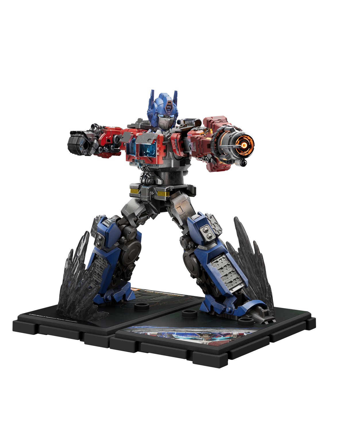 Taban üzerinde plazma toplu kırmızı ve mavi Optimus Prime aksiyon figürü.