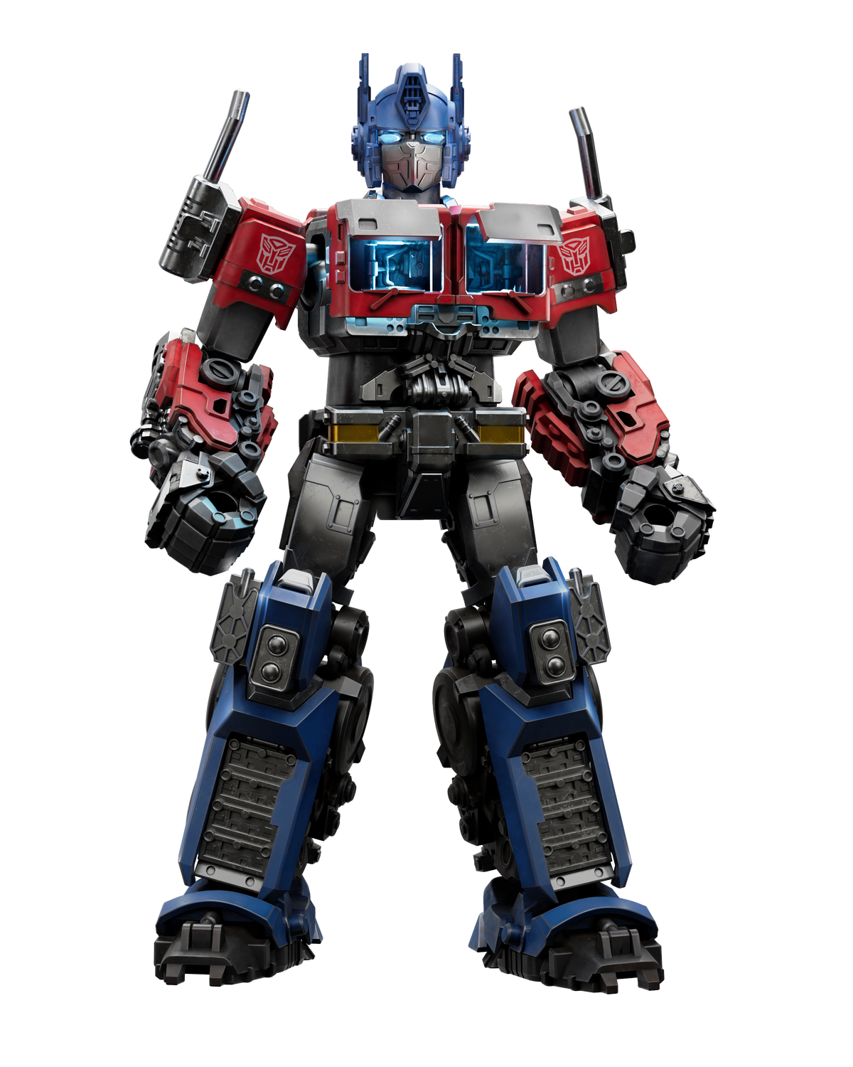 Siyah arka planda kırmızı, mavi ve gümüş renkli Optimus Prime robot figürü.