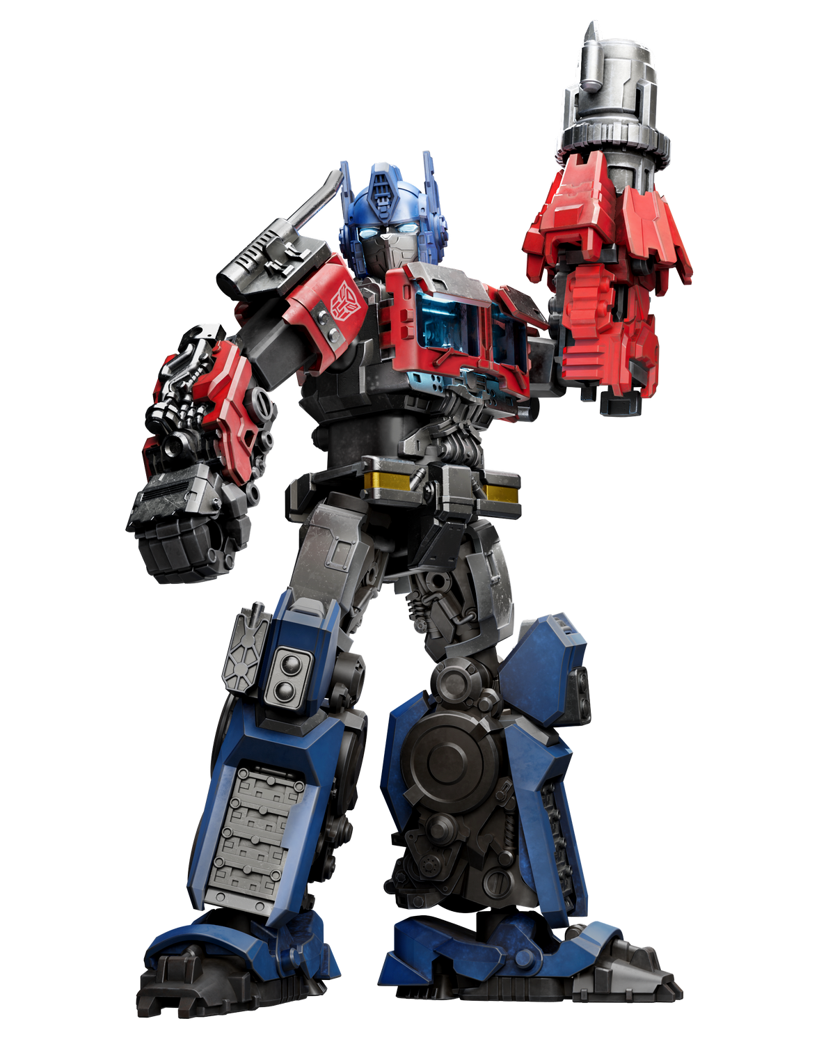 Siyah arka plan önünde kırmızı, mavi ve siyah renkli detaylı bir Optimus Prime robotu silah tutuyor.