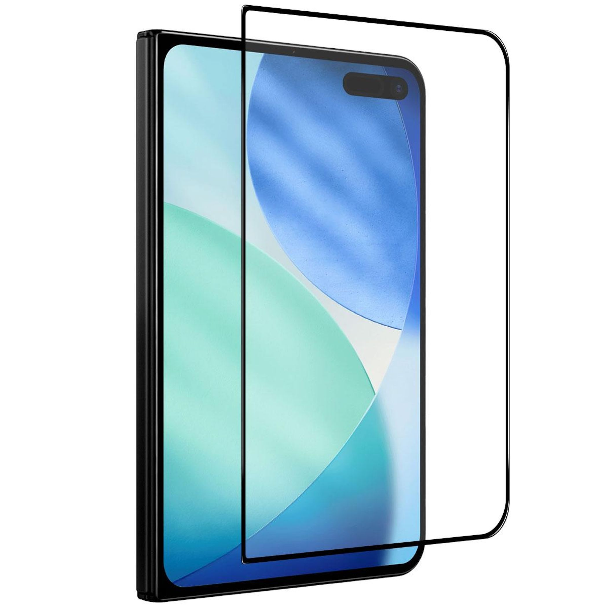 Schwarze Display-Schutzfolie vor einem Smartphone mit blau-grünem Hintergrund.