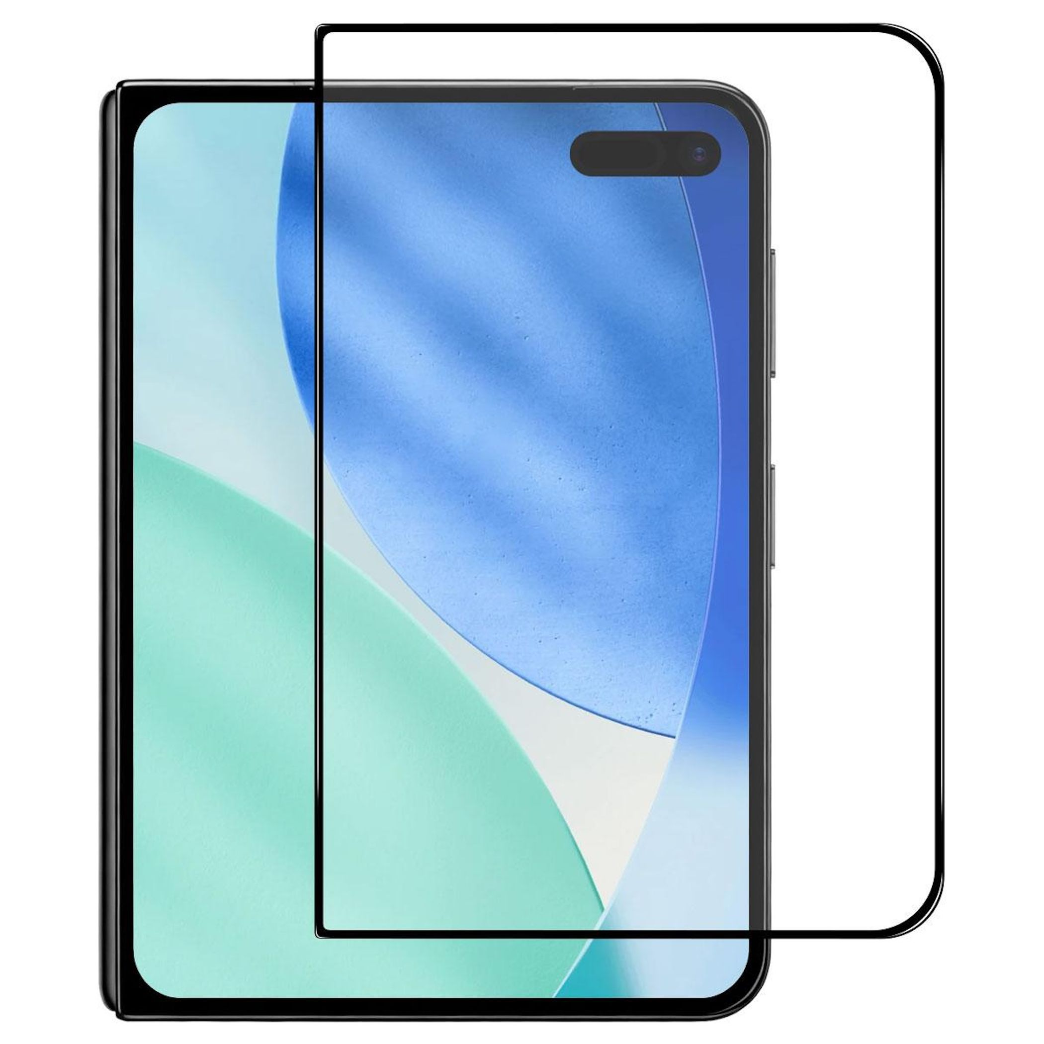 Ein faltbares Smartphone mit einem Glasbildschirmschutz, der leicht davor gehalten wird.