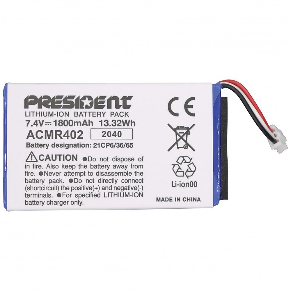 Akumulator litowo-jonowy President 7,4V 1800mAh z białymi, czerwonymi i czarnymi przewodami.