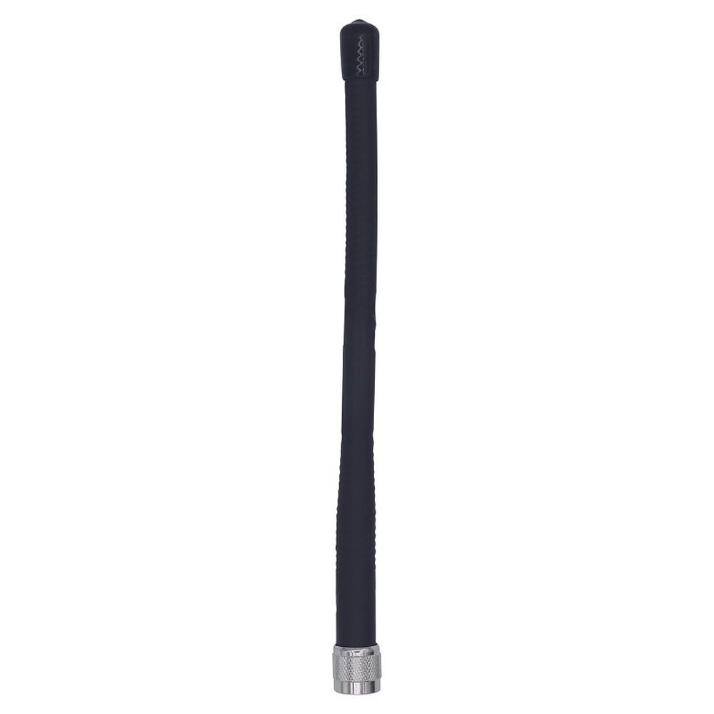Długa czarna antena ze srebrnym metalowym złączem u dołu na gładkim białym tle.