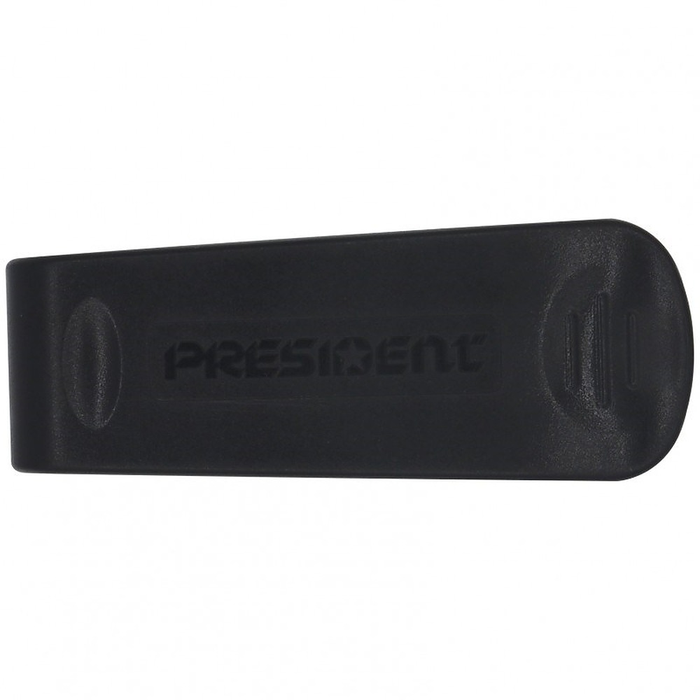 Czarny plastikowy klips do paska z napisem 'PRESIDENT' na białym tle.