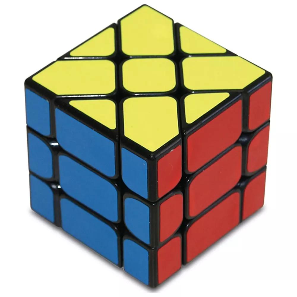 Un cubo di Rubik 3x3 risolto con la parte superiore gialla, il lato sinistro blu e quello destro rosso.