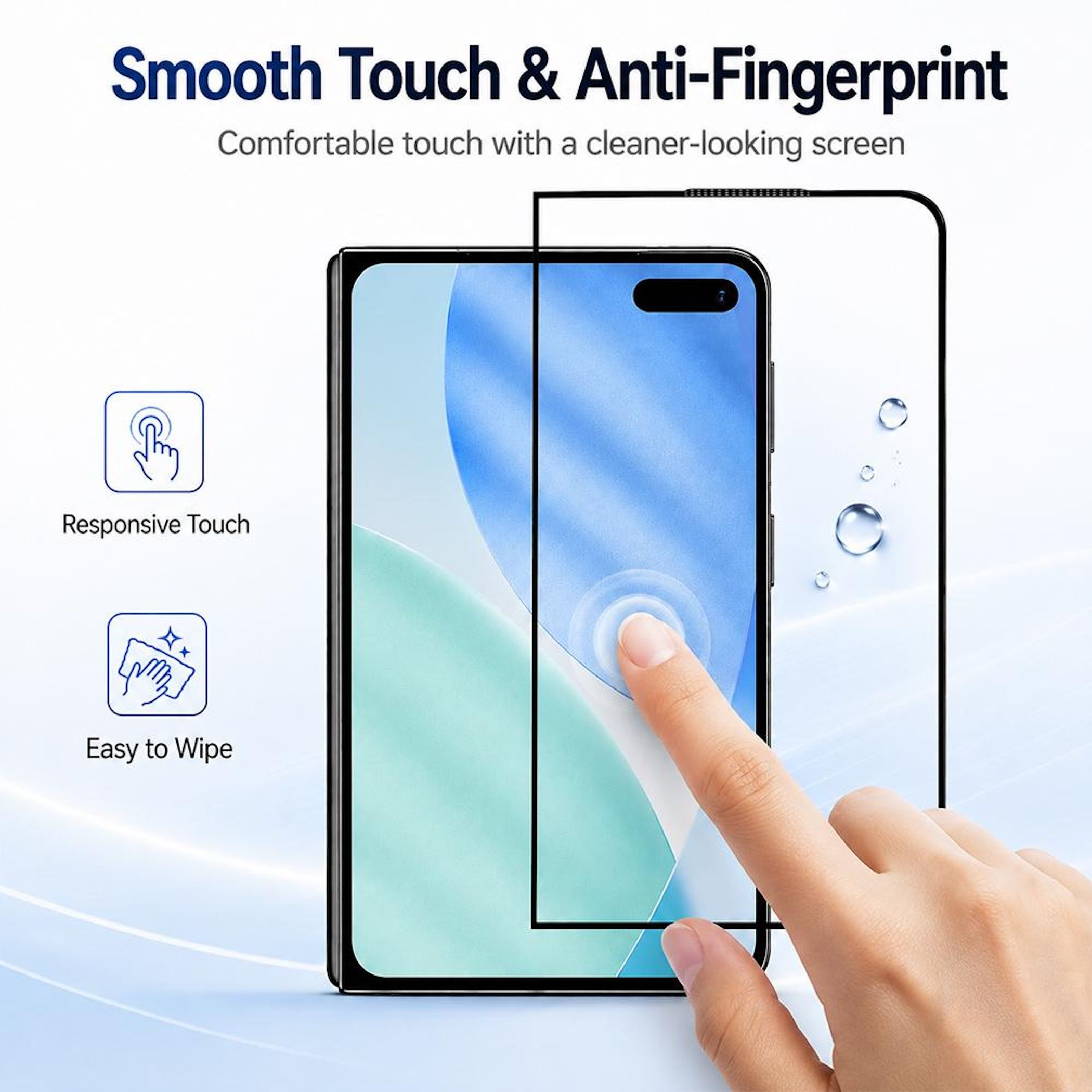 Ein Finger berührt den Bildschirm eines Smartphones mit Schutzfolie, der Text lautet Smooth Touch.