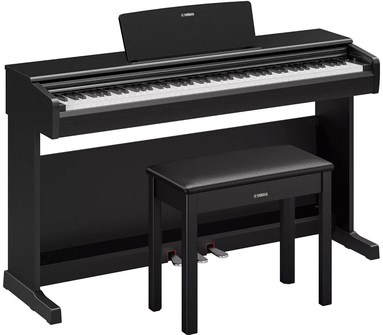 Czarne cyfrowe pianino Yamaha z pasującą ławką.