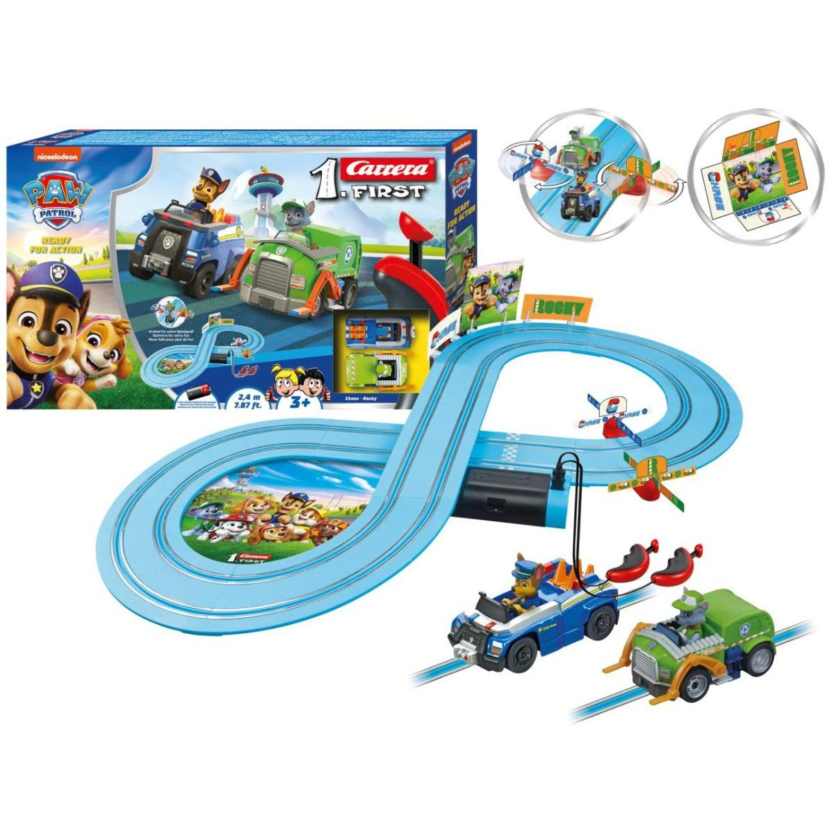 Paw Patrol Carrera First Rennbahn-Set mit blauer Strecke, blauen und grünen Autos sowie der dazugehörigen Verpackung.