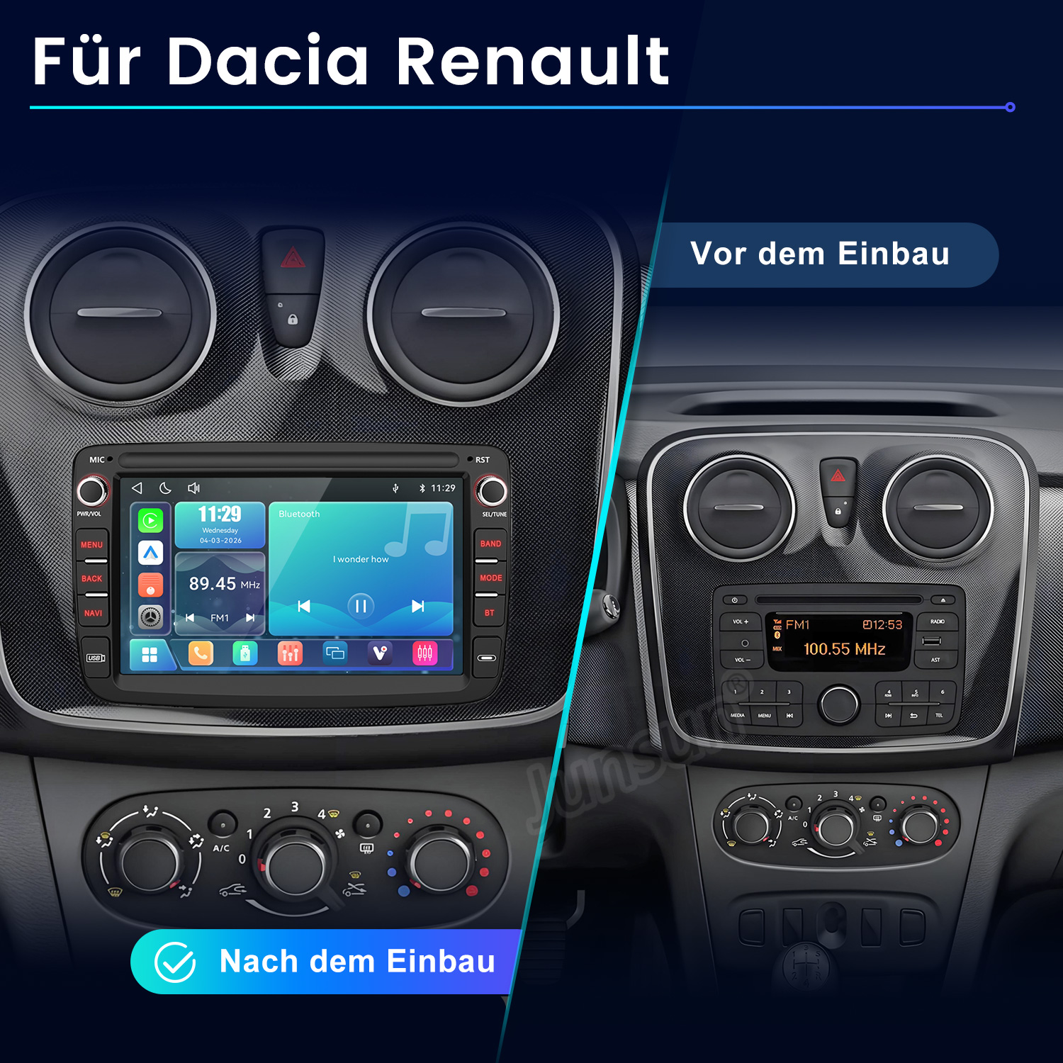 Vergleich von Dacia Renault Armaturenbrett vor und nach dem Einbau eines neuen Radios.