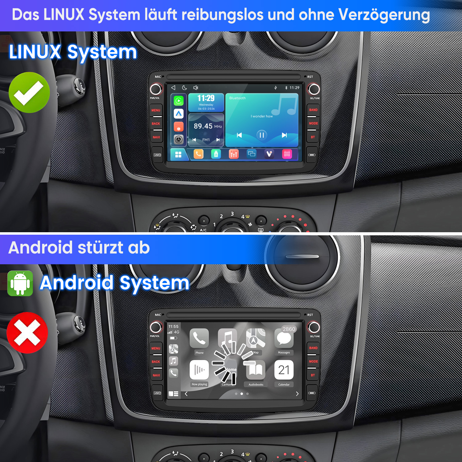 Vergleich zweier Autoradios: Ein Linux-System läuft reibungslos, während das Android-System abstürzt.