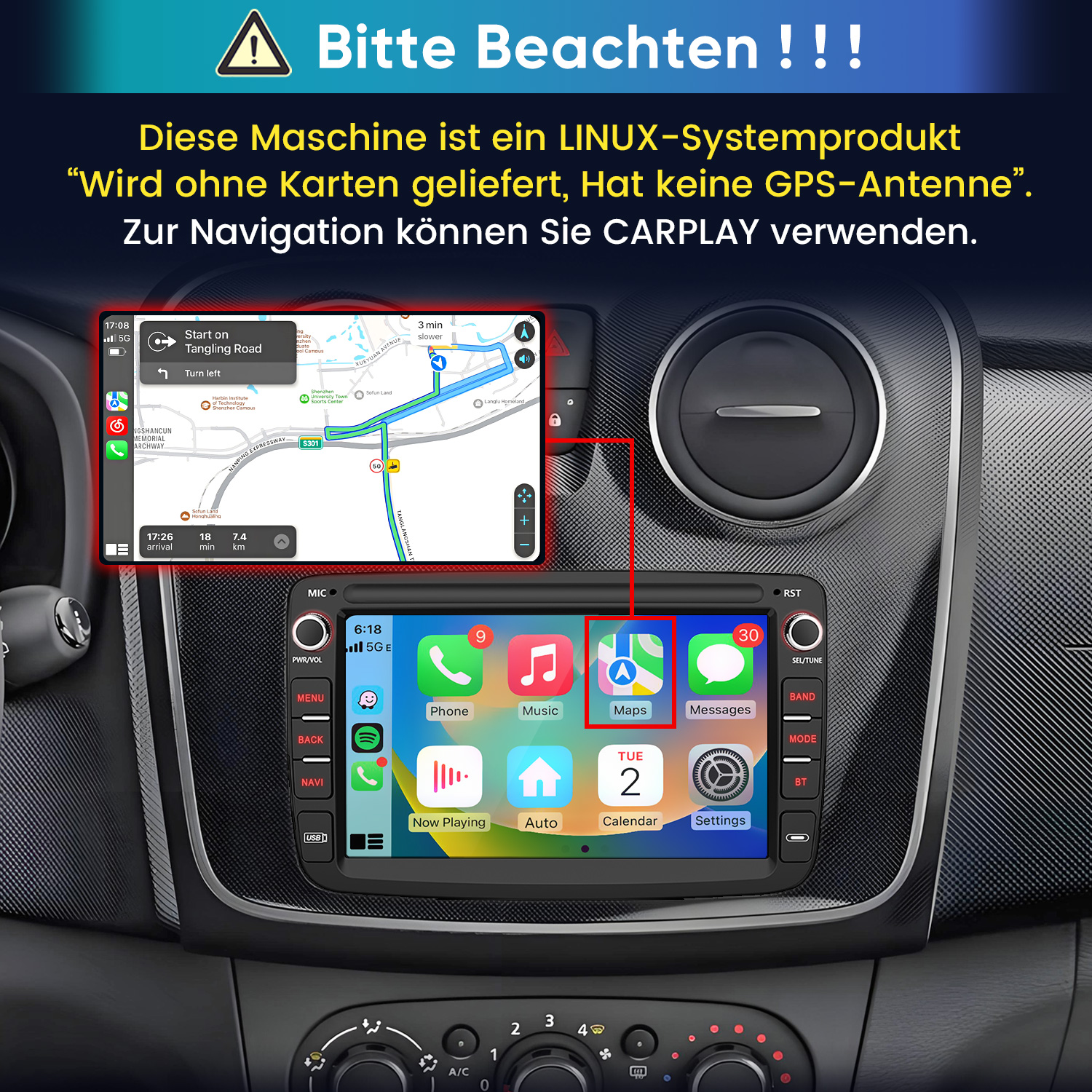 Linux-Autoradio mit CarPlay-Menü und Hinweis auf fehlende Karten.