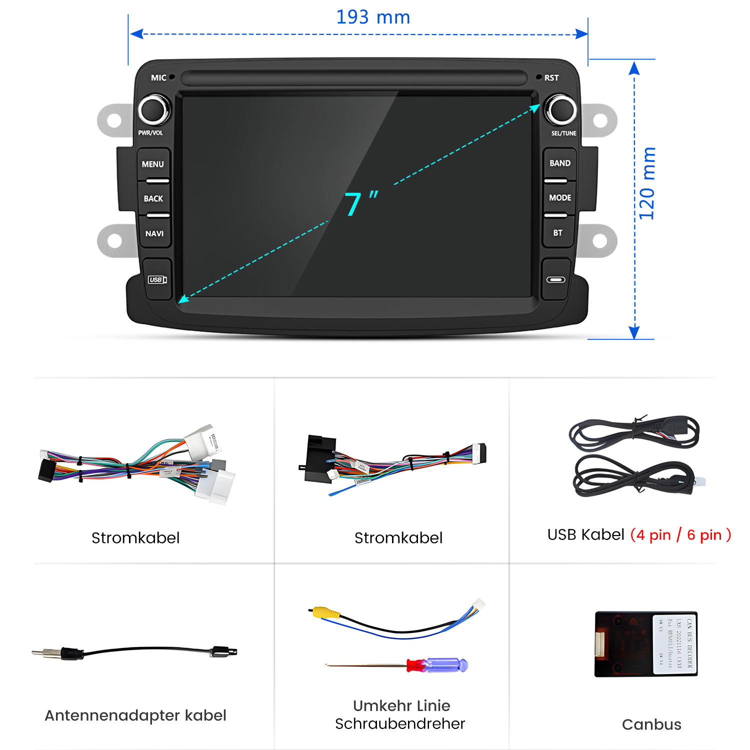 7-Zoll Auto-Multimediasystem mit Maßen von 193x120 mm, Stromkabeln, USB-Kabeln, Antennenadapter, Schraubendreher und Canbus.