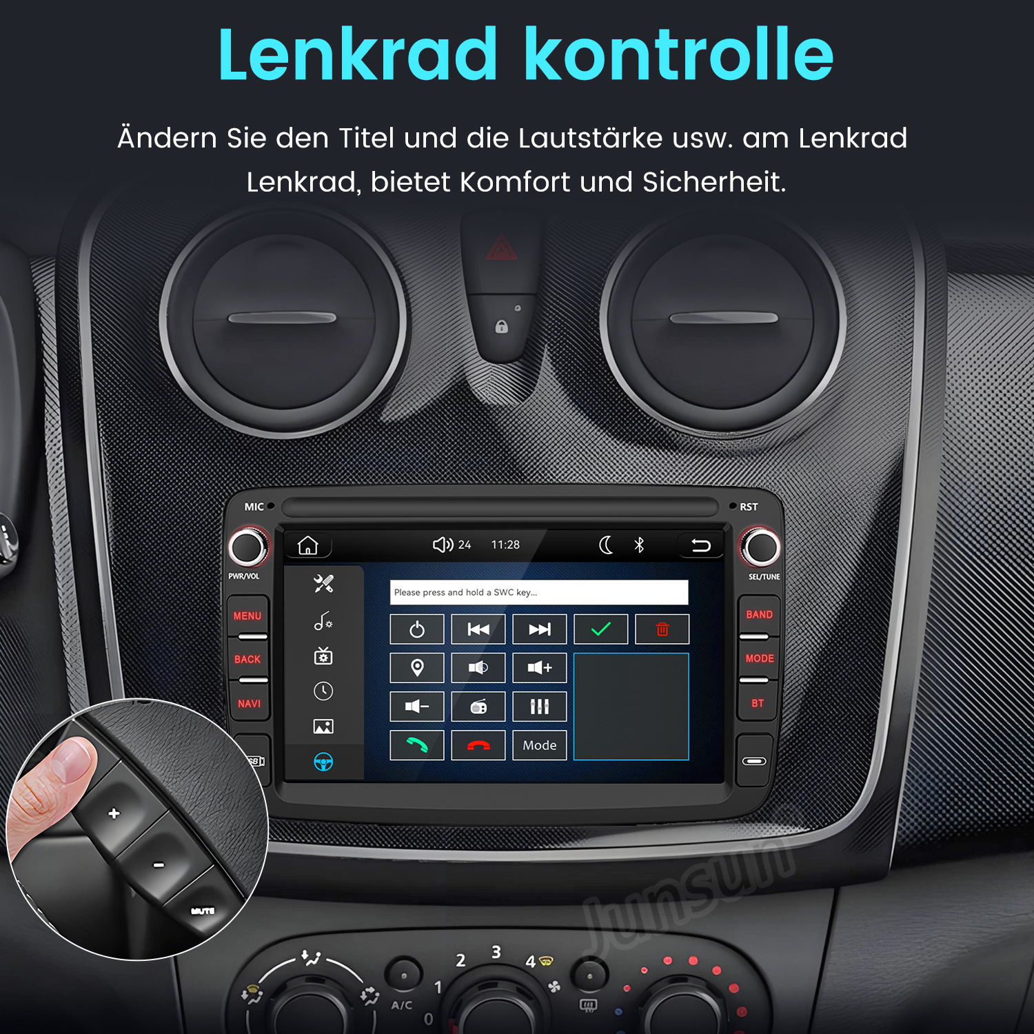Autoreadio-Bedienfeld mit Touchscreen und Tasten am Lenkrad.