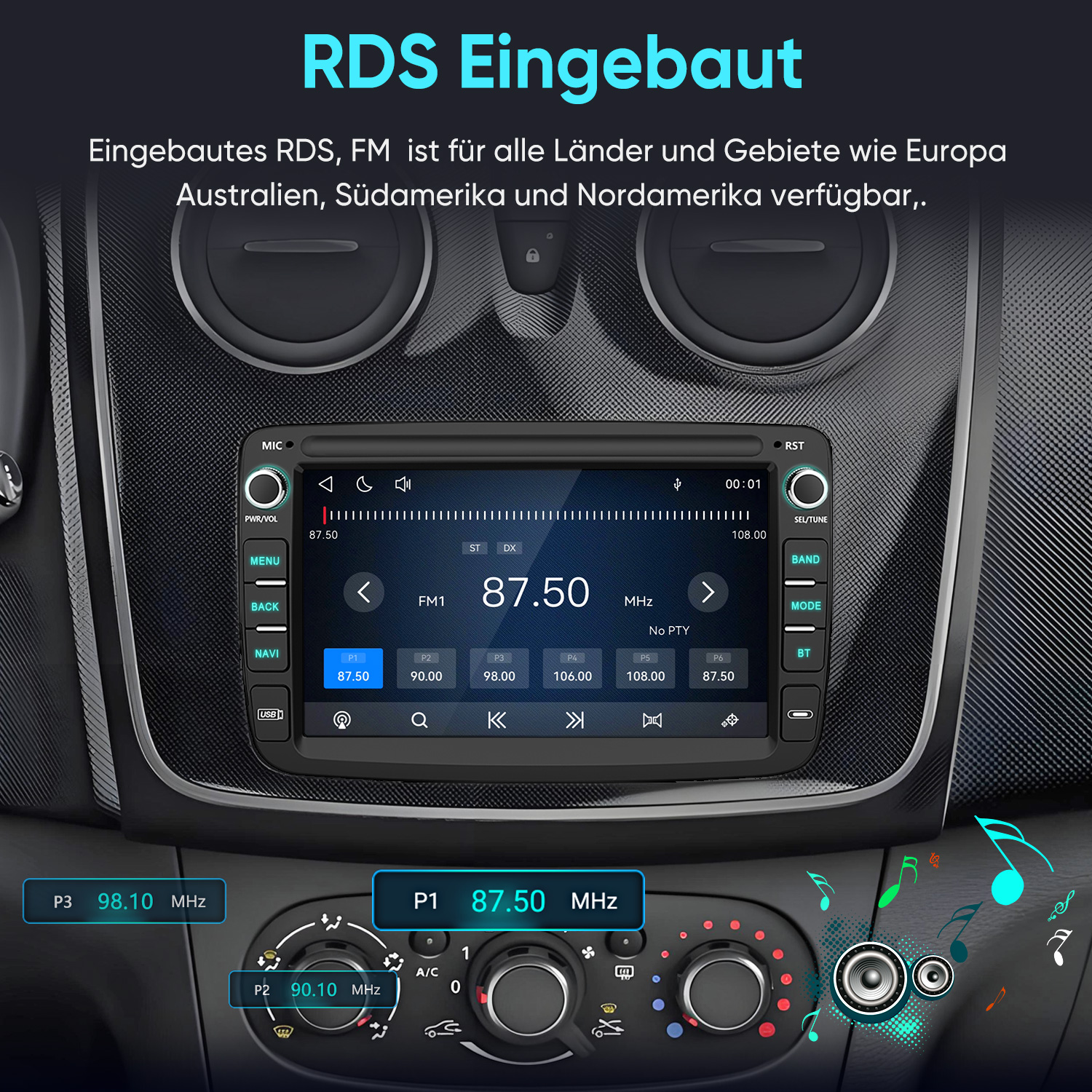 Auto-Radio-Display zeigt FM 87.50 MHz, integriertes RDS.