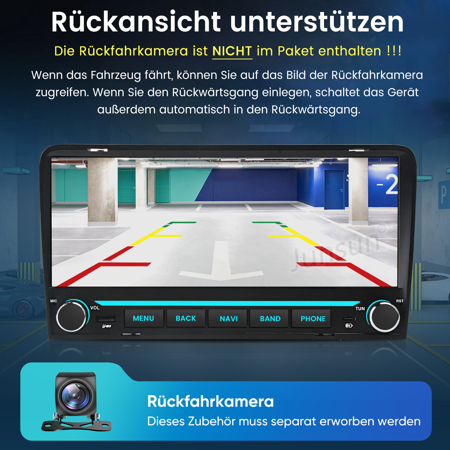 Autoradio mit Rückfahrkamera-Ansicht und Hilfslinien, deutschem Text und einer Grafik der Rückfahrkamera.