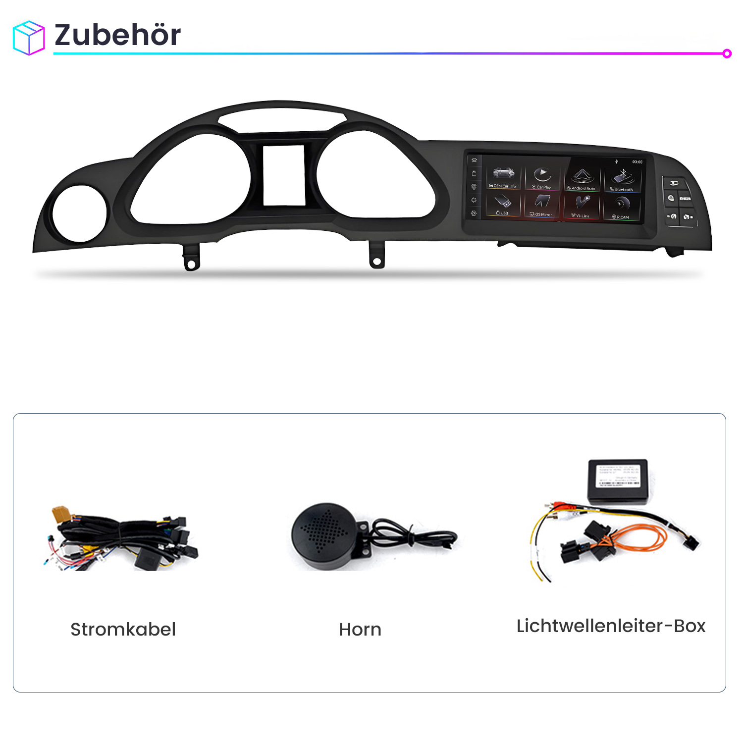 Autoteile: Ein Armaturenbrett mit integriertem Display, Kabelbaum, Horn und Lichtwellenleiter-Box.