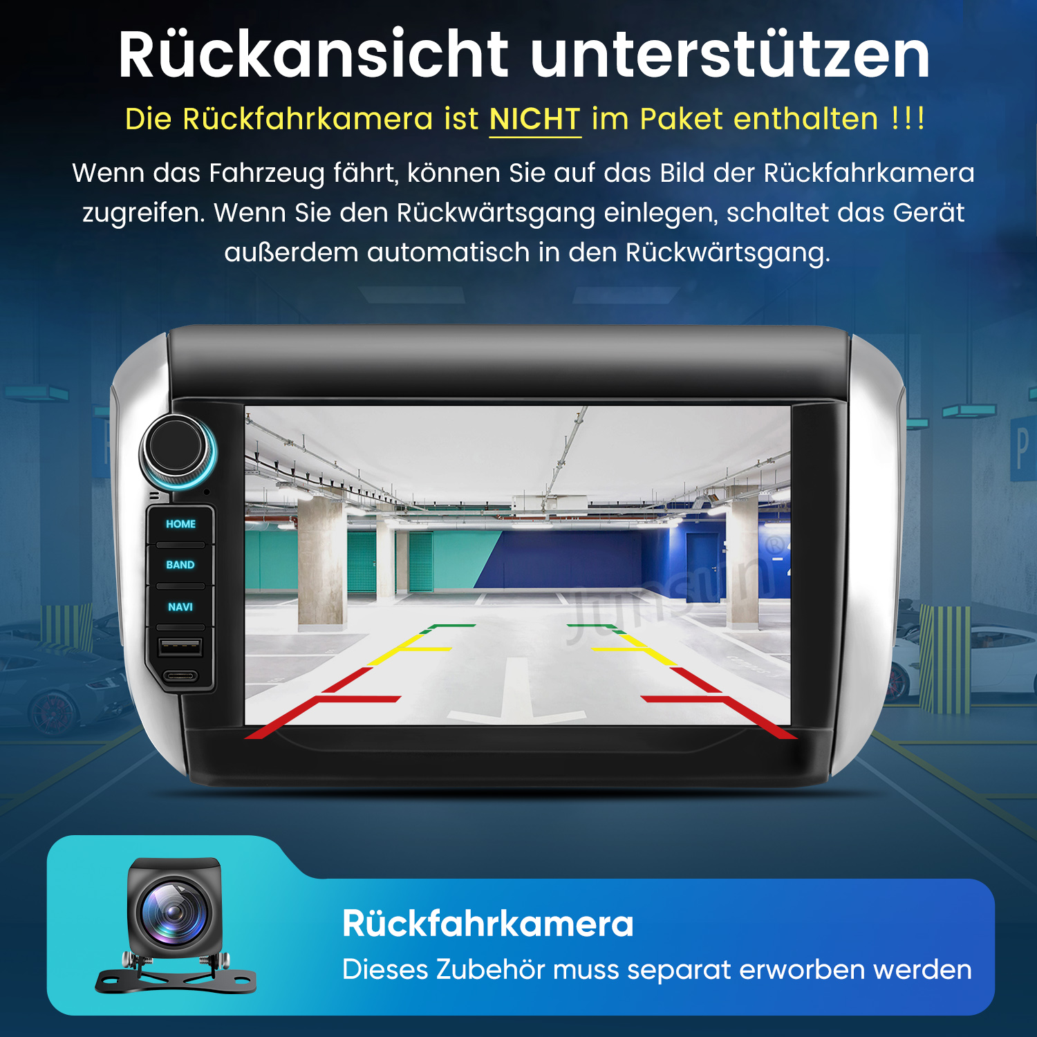 Autoradio mit Bildschirm zeigt Parkhausansicht mit Rückfahrkamera-Hinweis auf blauem Hintergrund.
