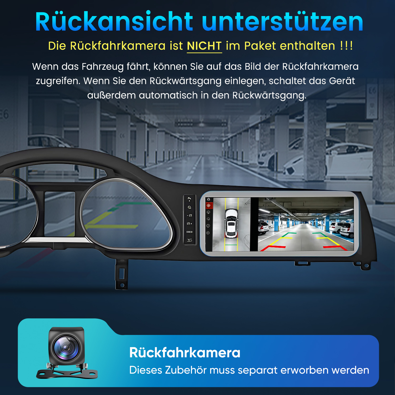 Armaturenbrett mit integriertem Bildschirm und Anzeige für Rückfahrkamera, Kamera separat erhältlich.