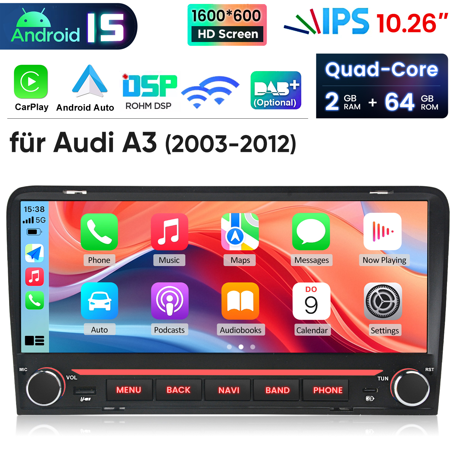 Android 15 Autoradio für Audi A3 (2003-2012) mit 10.26 Zoll IPS-Bildschirm, CarPlay und Android Auto.