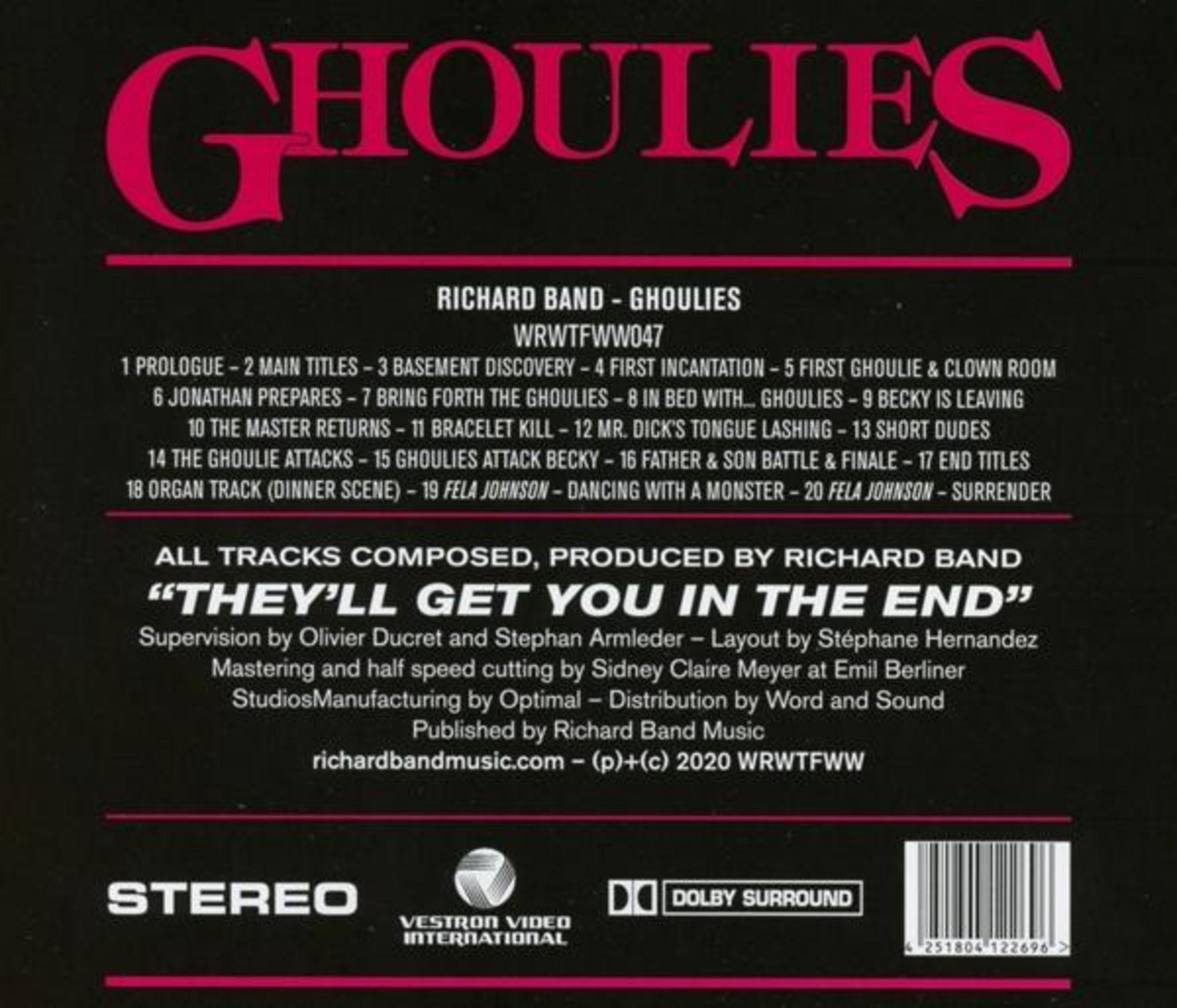 Rückseite des Ghoulies-Soundtrack-Albums mit Tracklist, Credits, Stereo- und Dolby-Surround-Logos auf schwarzem Grund.