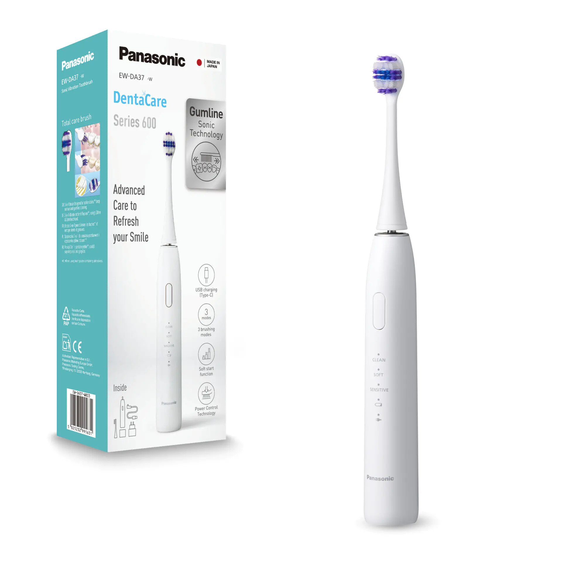 Biała szczoteczka soniczna Panasonic DentaCare stojąca obok opakowania na białym tle.