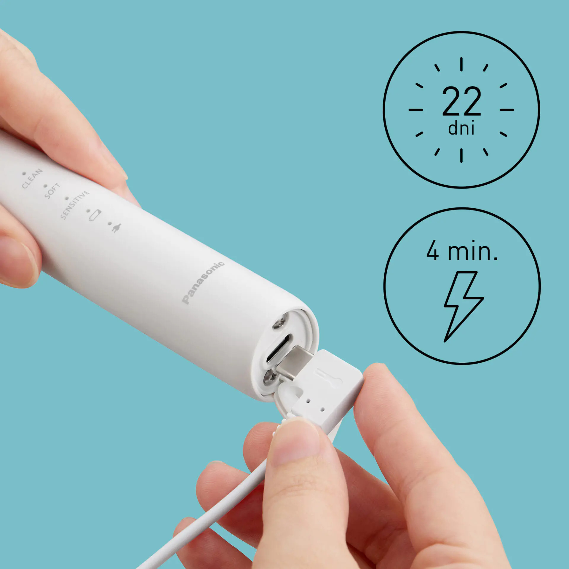 Ręce podłączają kabel USB-C do białej szczoteczki Panasonic na niebieskim tle z ikonami.