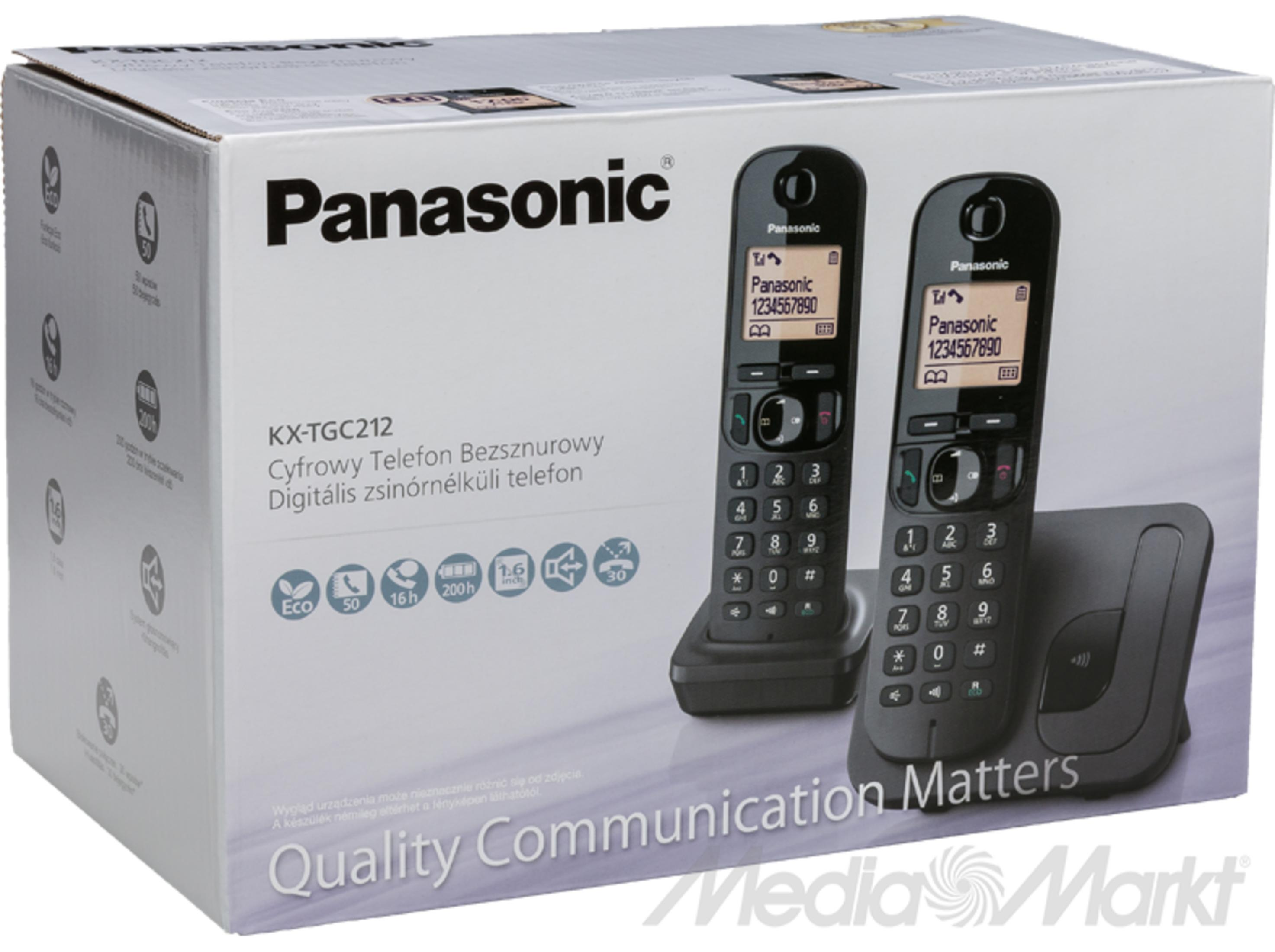 Pudełko czarnego telefonu bezprzewodowego Panasonic KX-TGC212 z bazami.