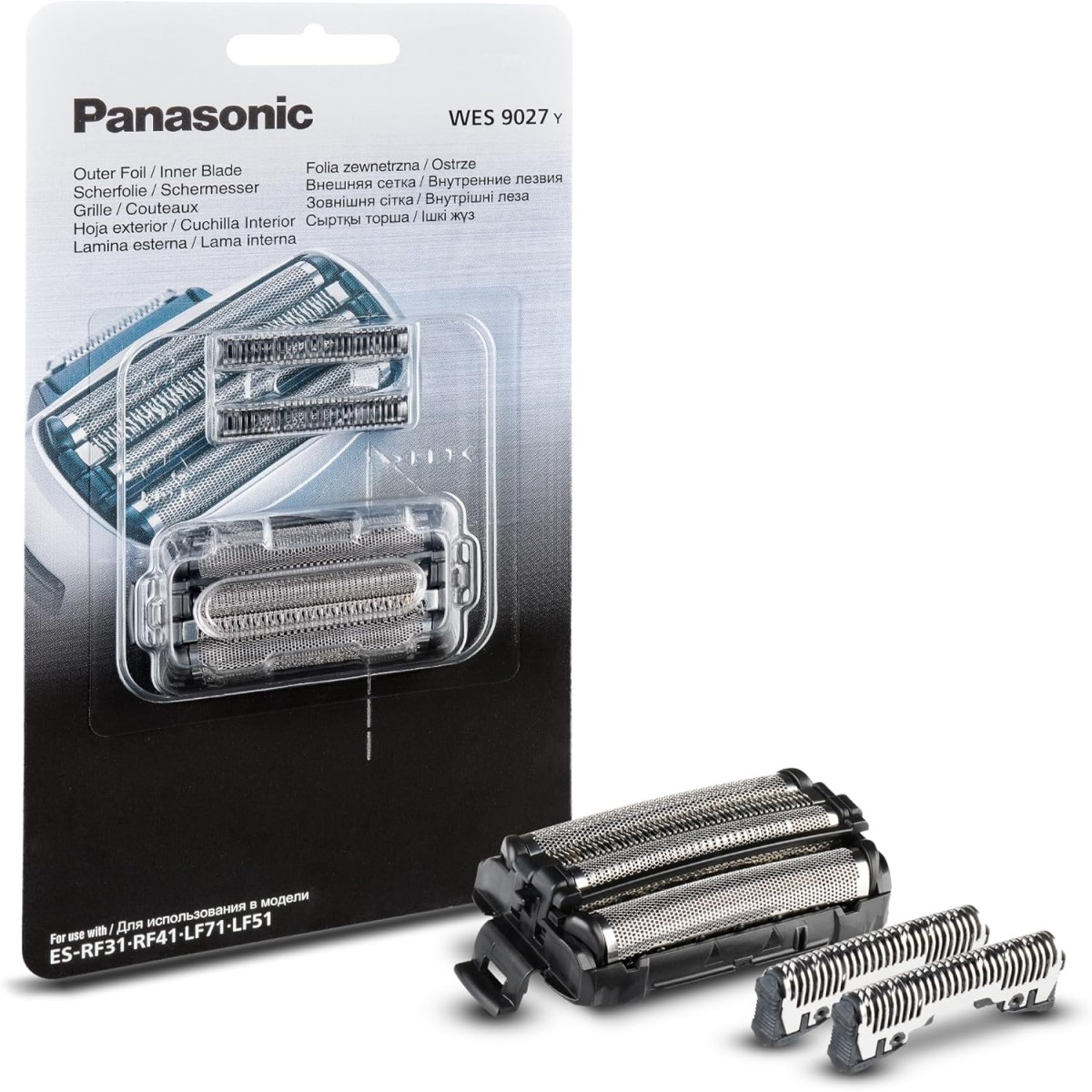 Wymienna folia i ostrza do golarki Panasonic WES 9027 Y w opakowaniu, z powtórzonymi częściami na zewnątrz.