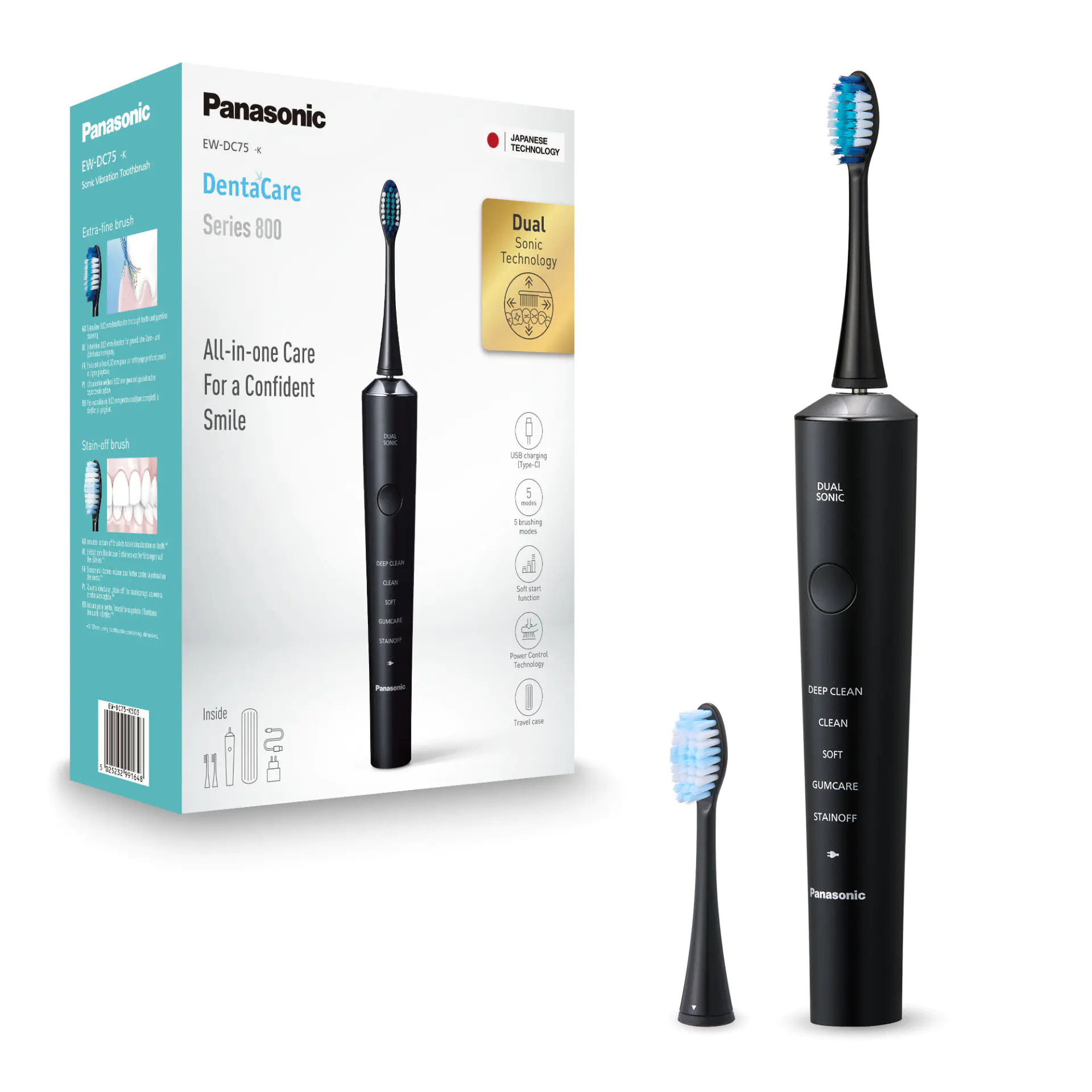 Szczoteczka elektryczna Panasonic DentaCare Series 800 z opakowaniem, czarnym uchwytem i dwiema główkami.