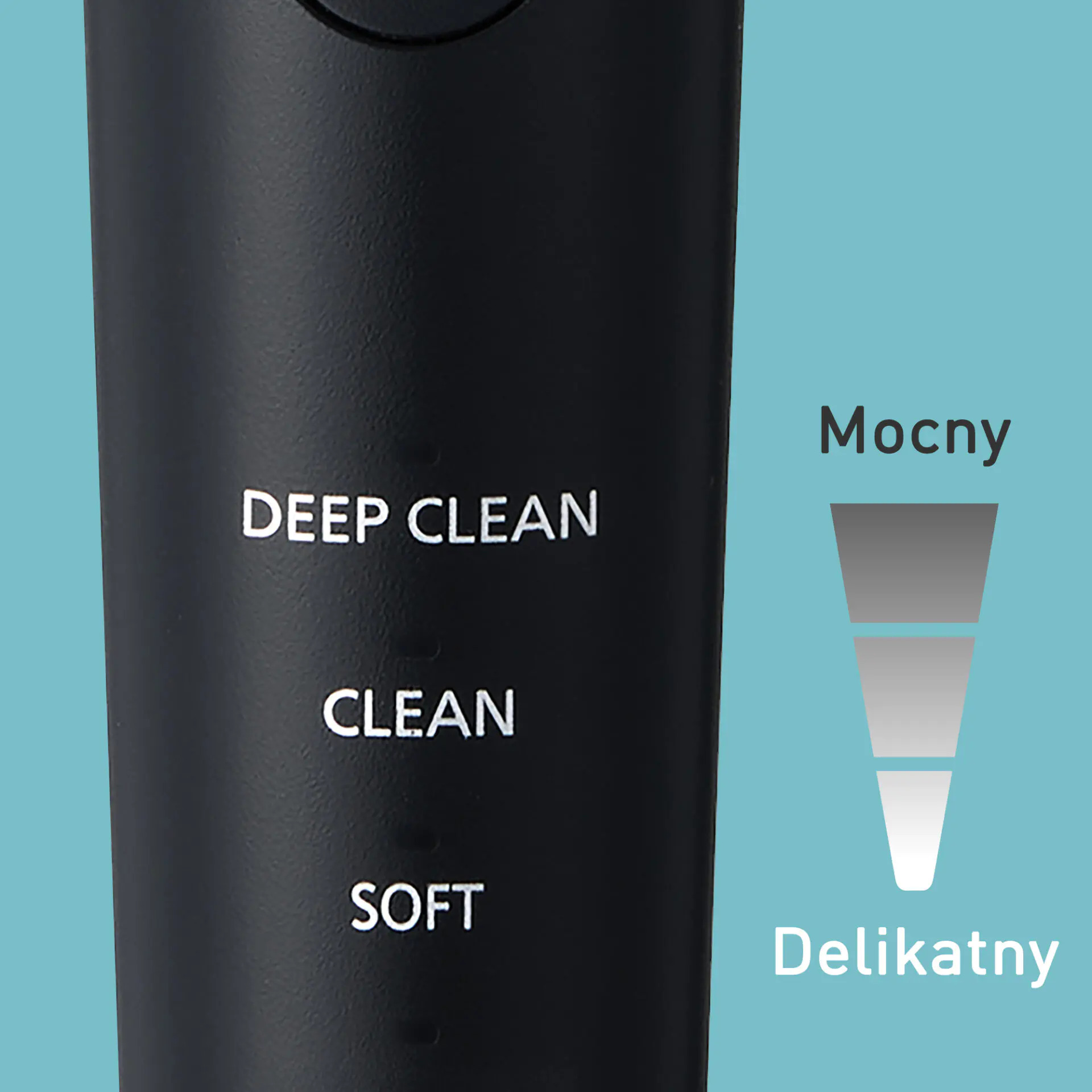 Czarne urządzenie elektryczne z trybami Deep Clean, Clean i Soft.
