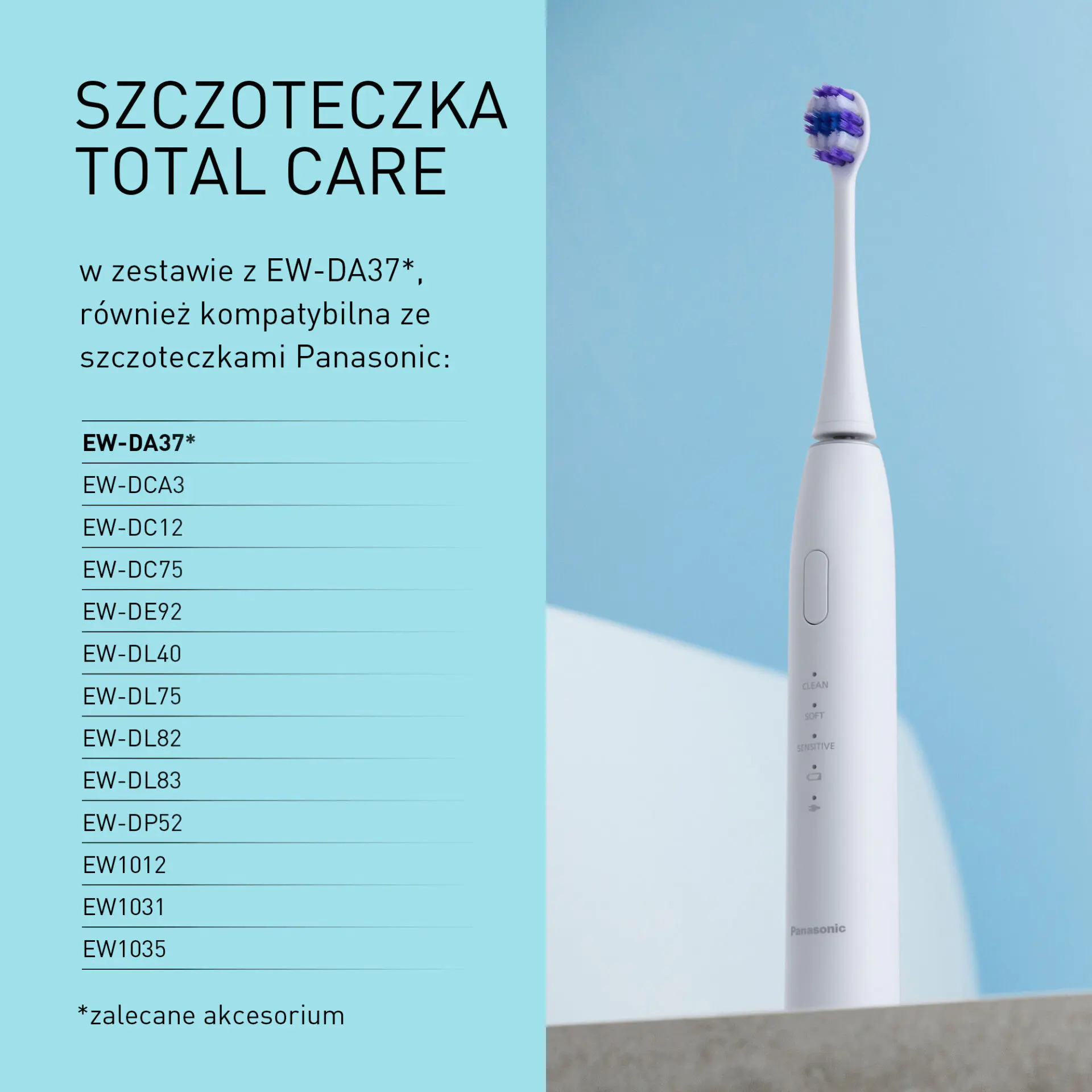 Biała szczoteczka soniczna Panasonic na niebieskim tle z listą tekstową.