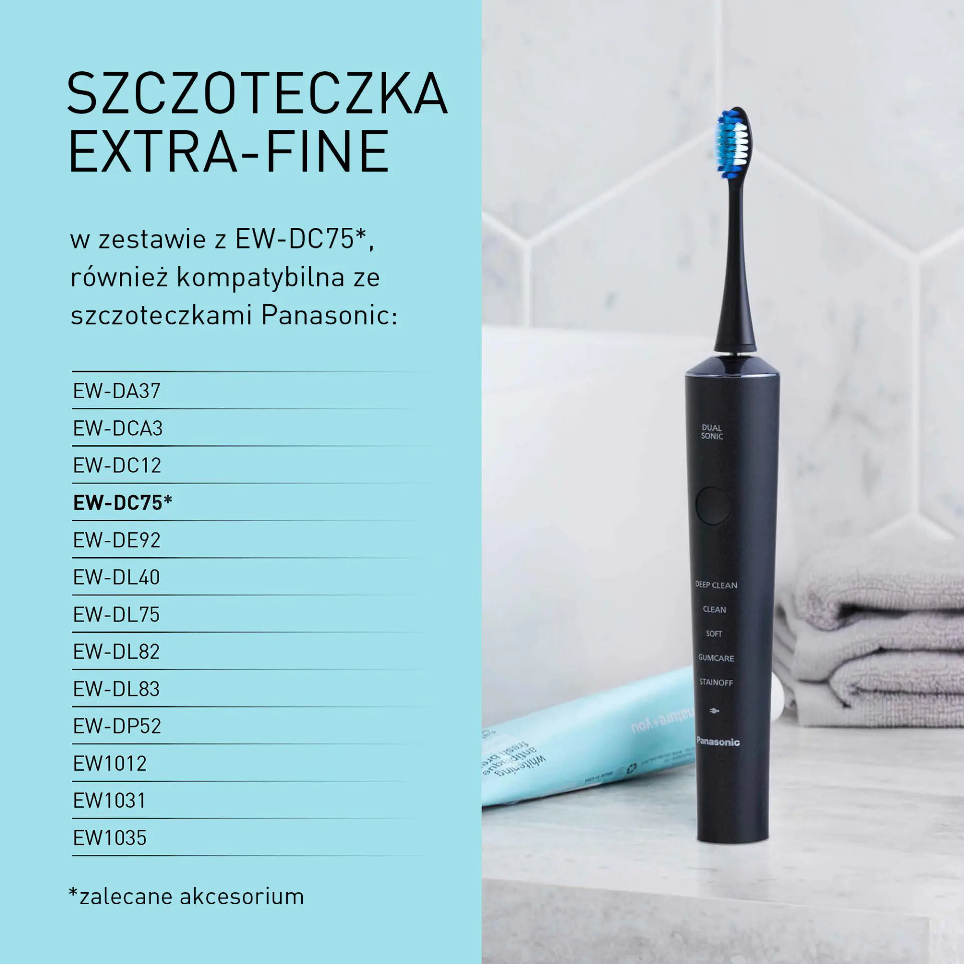 Czarna szczoteczka soniczna Panasonic na białym marmurze z tekstem i płytkami.