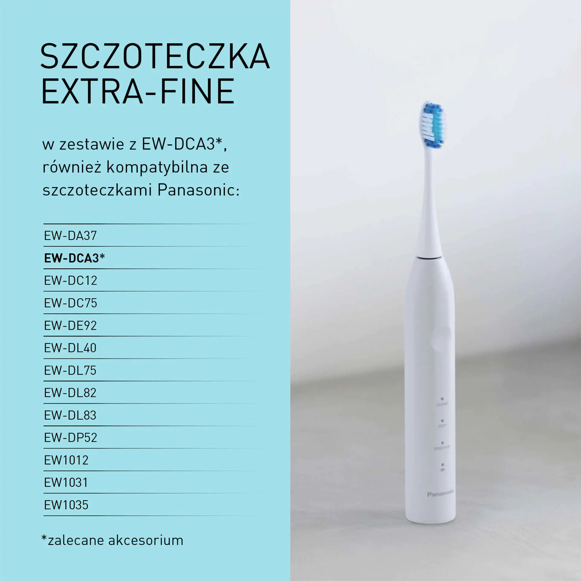 Biała szczoteczka elektryczna Panasonic obok niebieskiego panelu z polskim tekstem i numerami modeli.