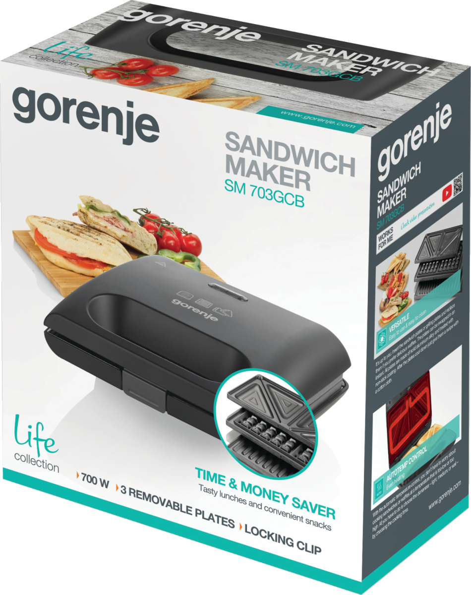 Opakowanie czarnego opiekacza do kanapek Gorenje SM 703GCB z wizerunkami kanapek.