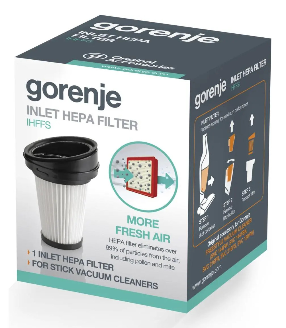 Pudełko filtra HEPA wlotowego Gorenje z produktem, instrukcją obsługi i tekstem marki na białym tle.