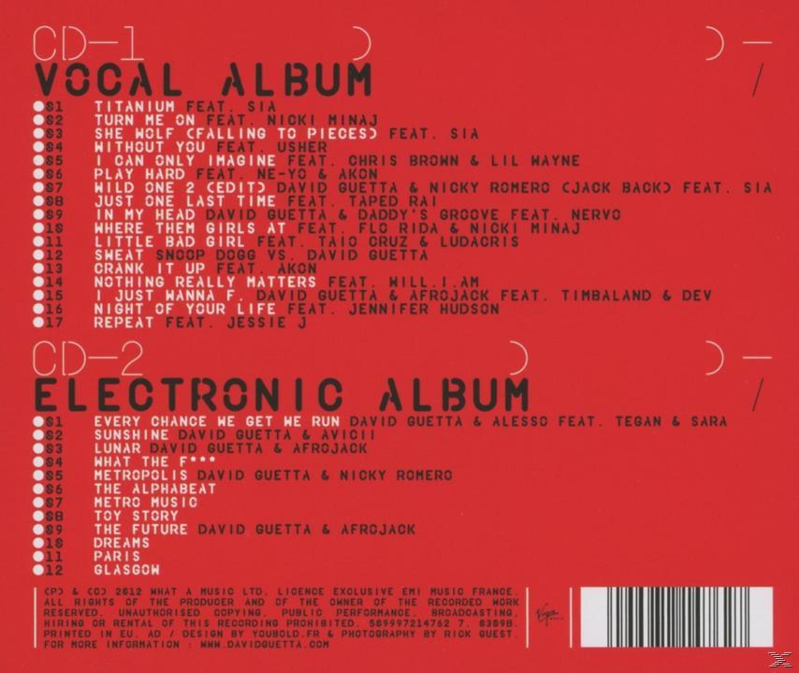 Rotes Cover mit schwarzer Tracklist für ein CD-1 Vocal Album und CD-2 Electronic Album von David Guetta.