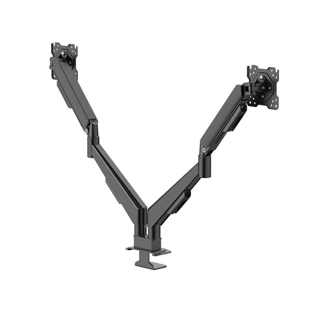 Czarny uchwyt na dwa monitory z mocowaniami VESA na białym tle.